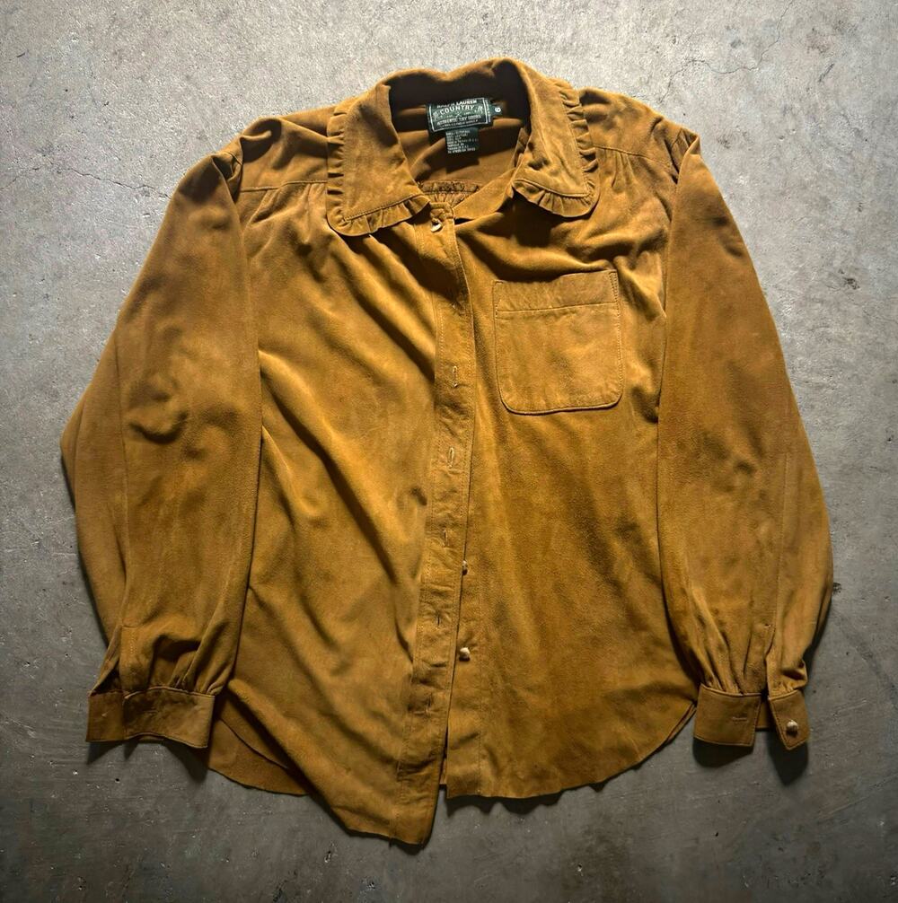 Vintage Ralph Lauren Country Womenโs Brown Suede Leather Button-Up Shirt Size 6